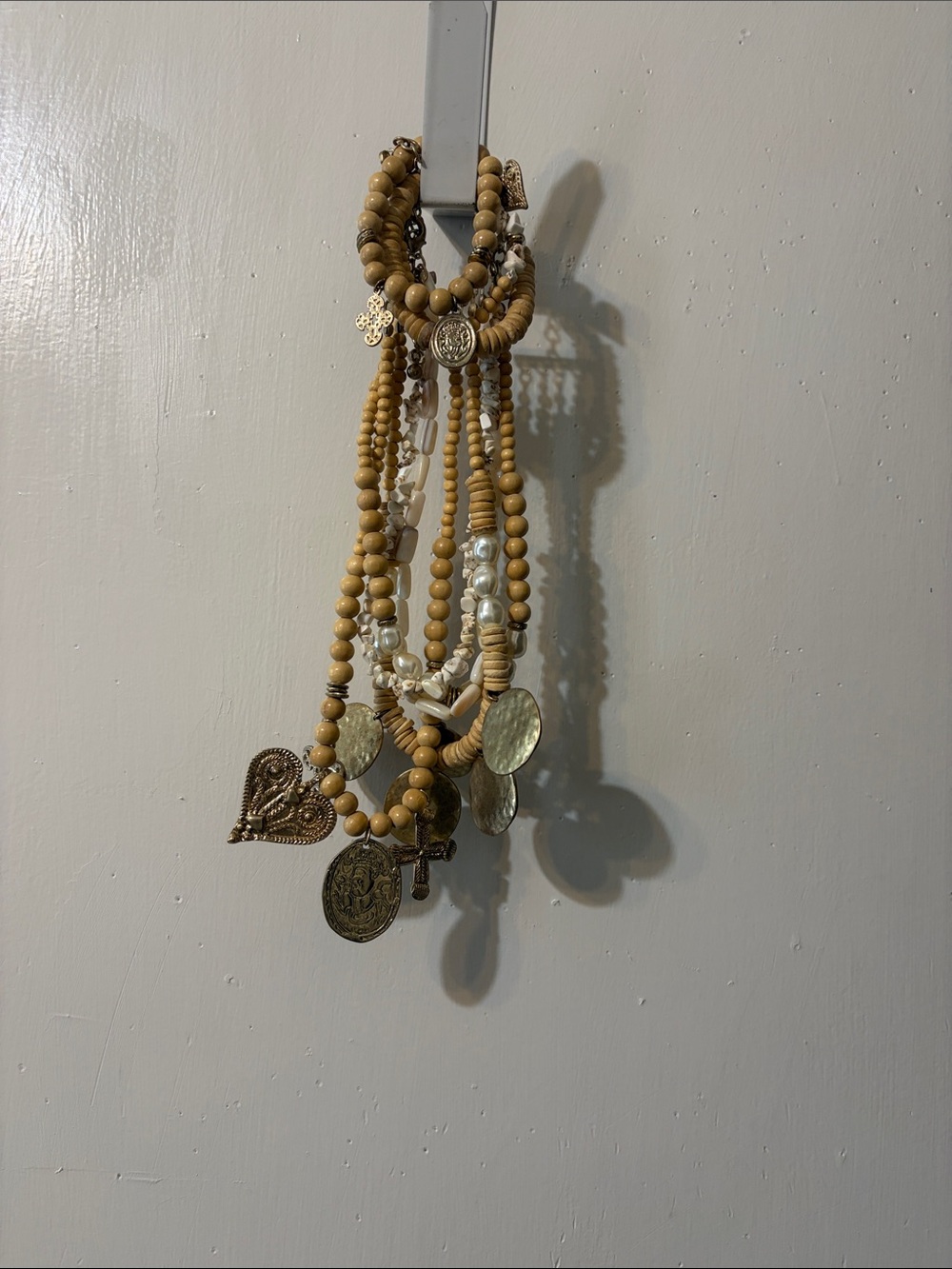 Chico’s Layered Beige Wooden Bead Charm Necklace & Matching Bracelet Jewelry